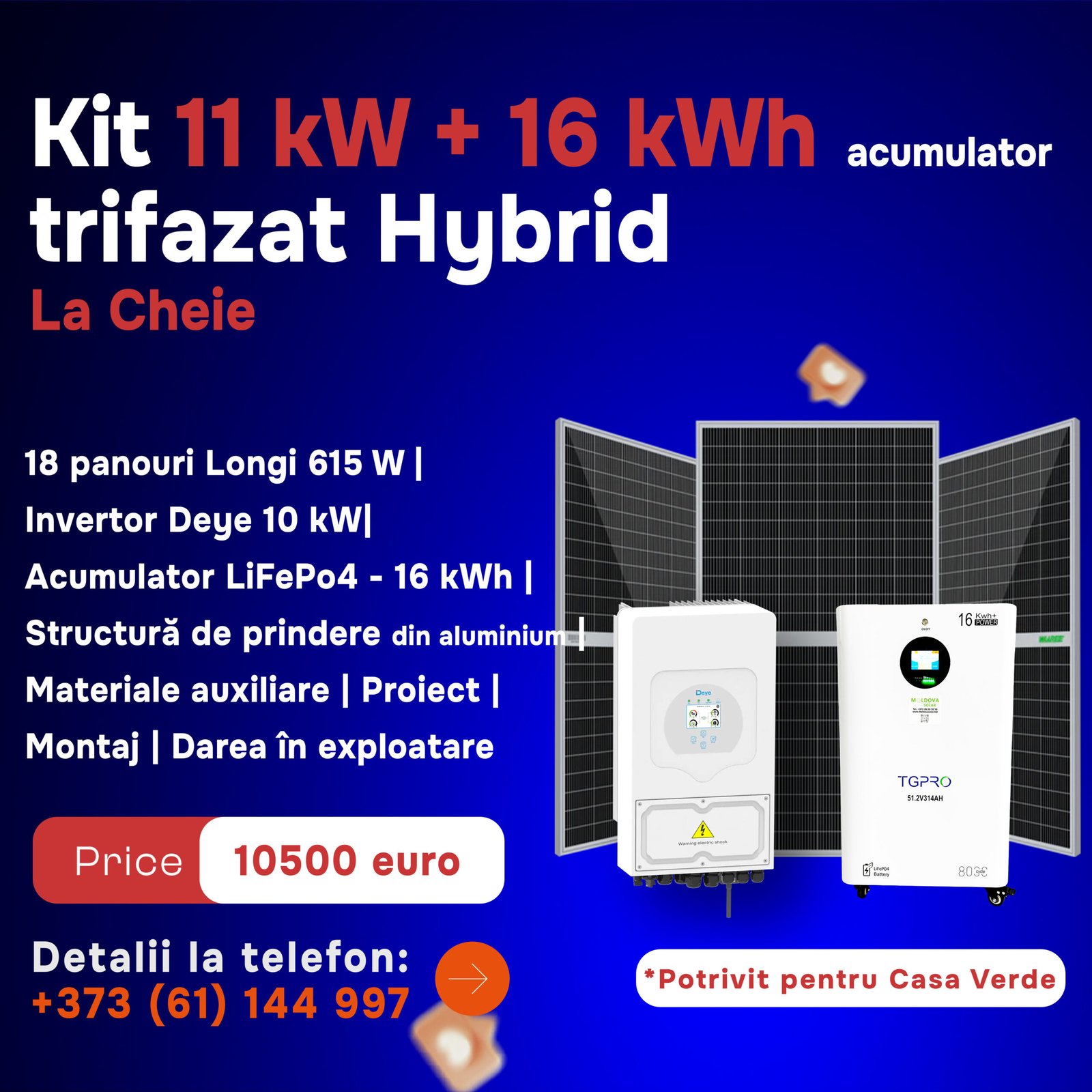 Kit 11 kW + 16 kWh acumulator trifazat Hybrid La Cheie