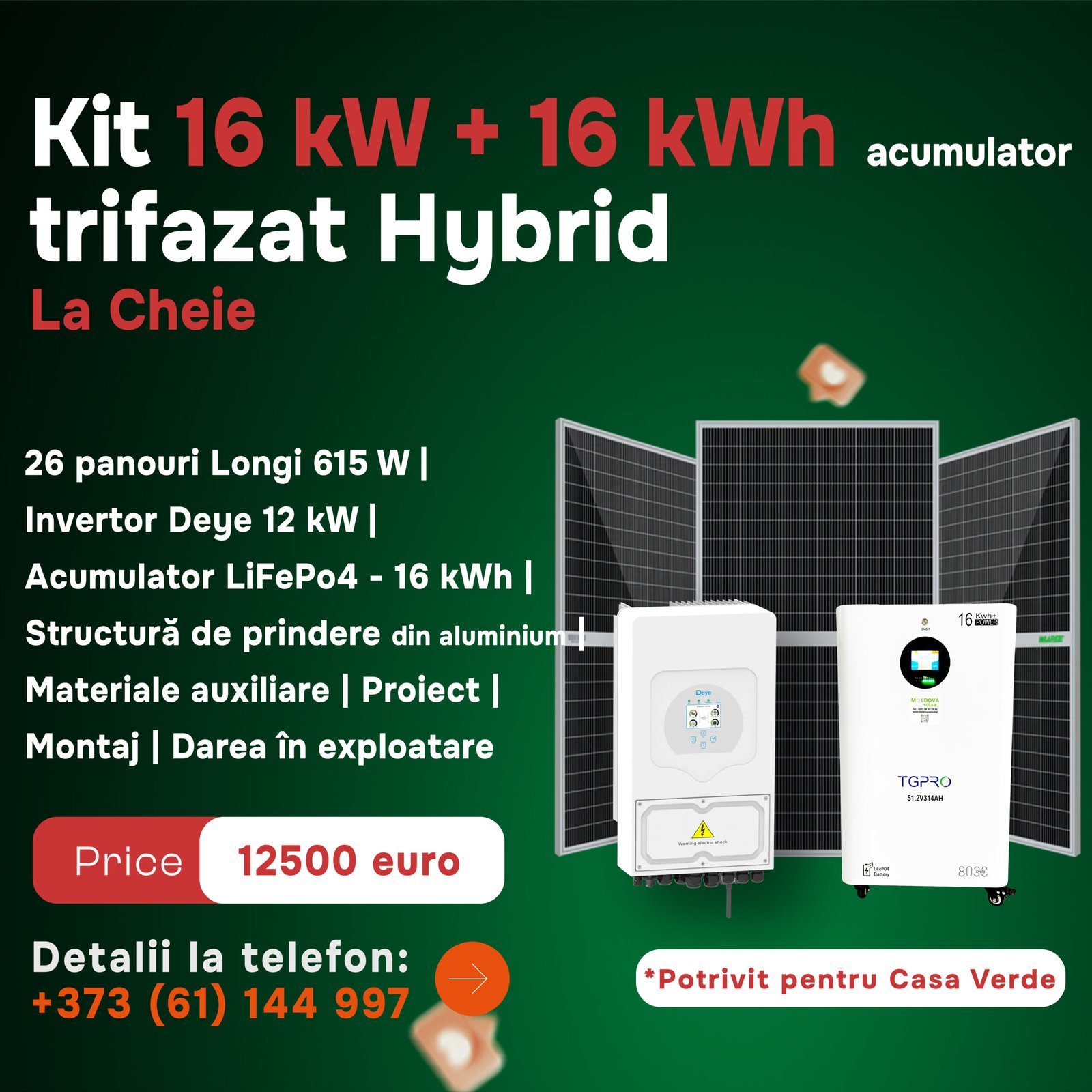 Kit 16 kW + 16 kWh acumulator trifazat Hybrid La Cheie