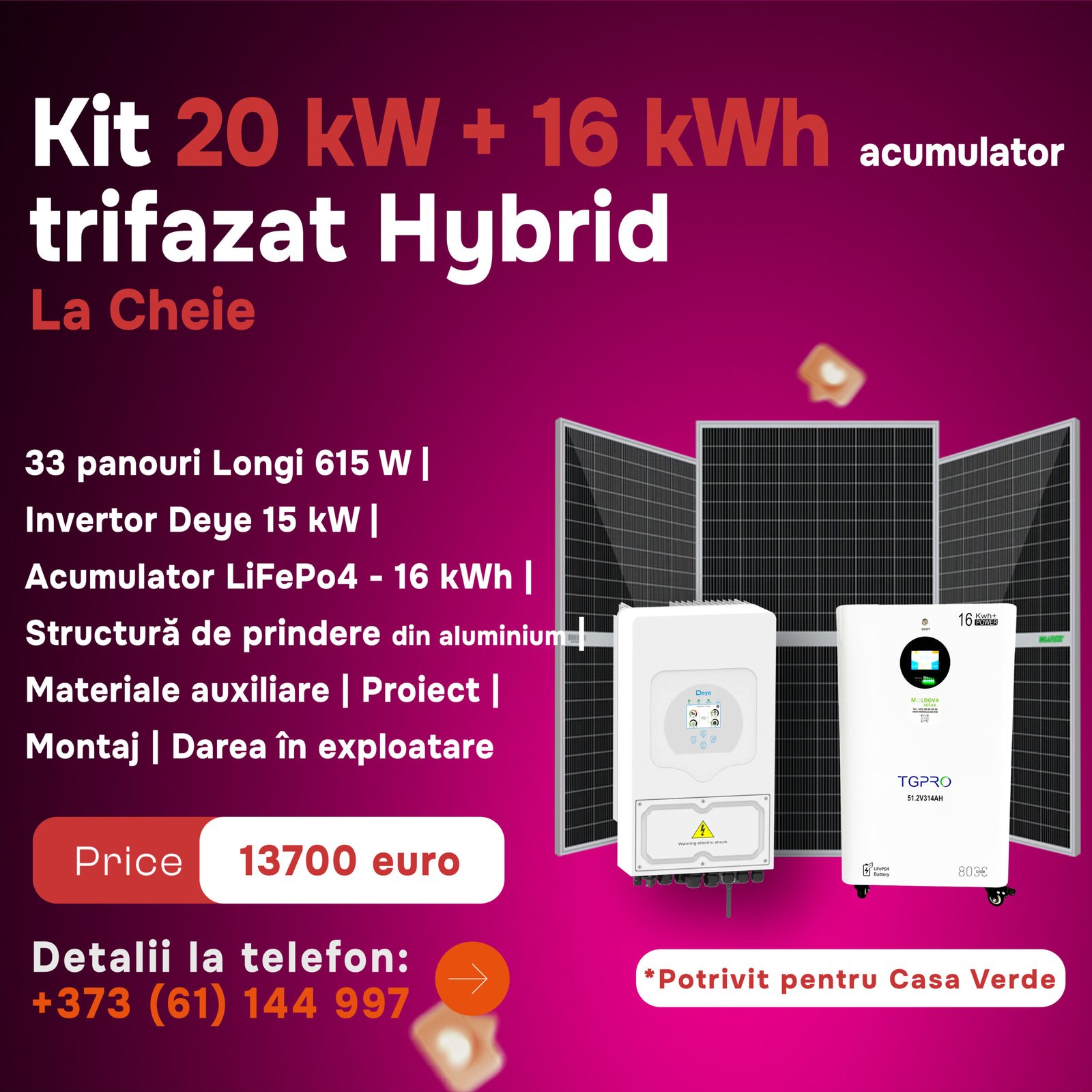 Kit 20 kW + 16 kWh acumulator trifazat Hybrid La Cheie
