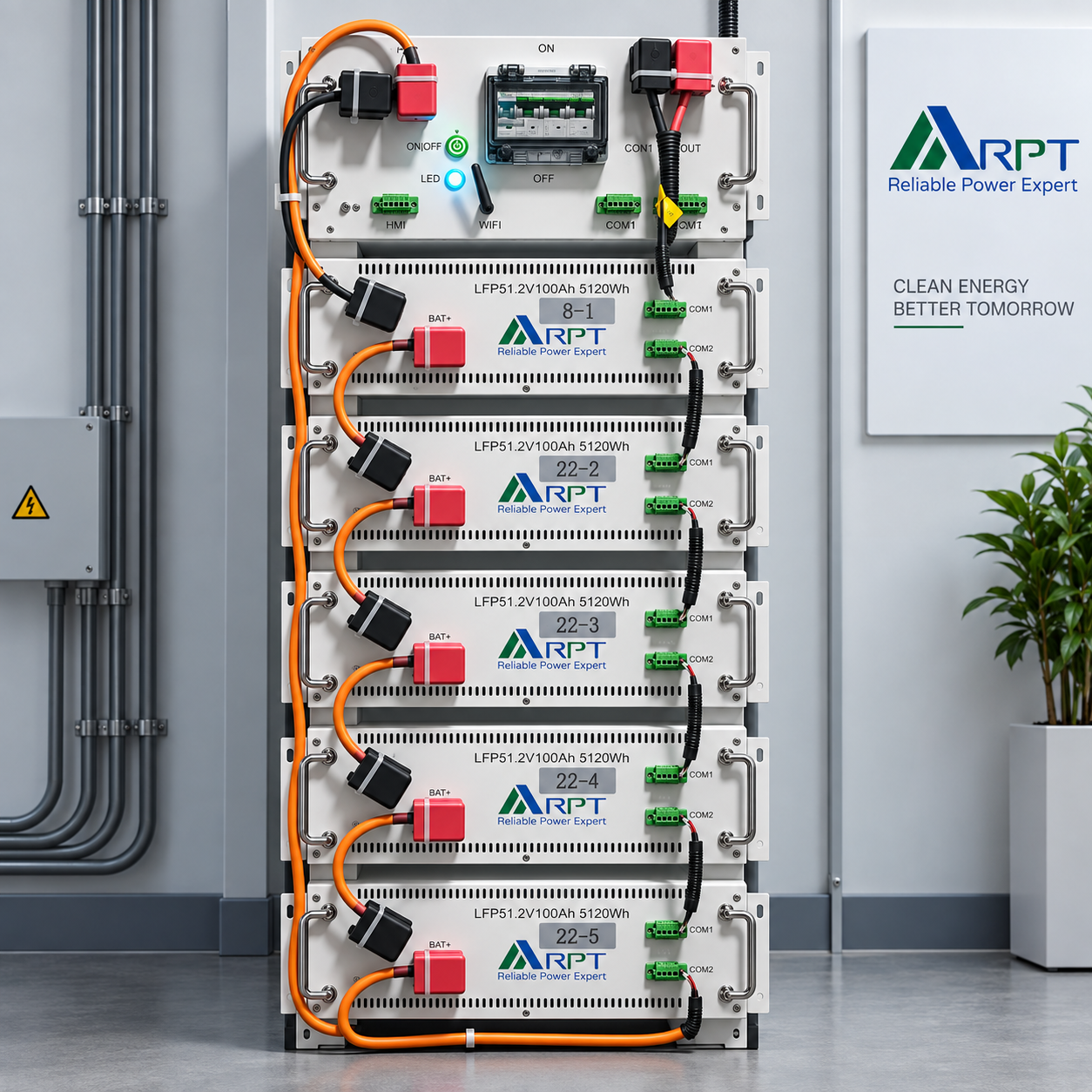 Set Acumulatori LiFePO4 High Voltage 20,48kWh (4×5,12kWh) cu BMS și Stilaj